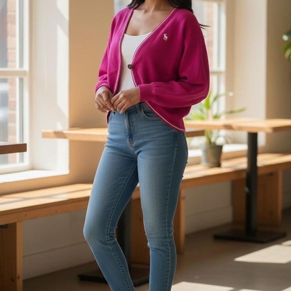 Abercrombie And Fitch One Button Cardigan medium Long Sleeve Logo Pink VTG‎ 90's